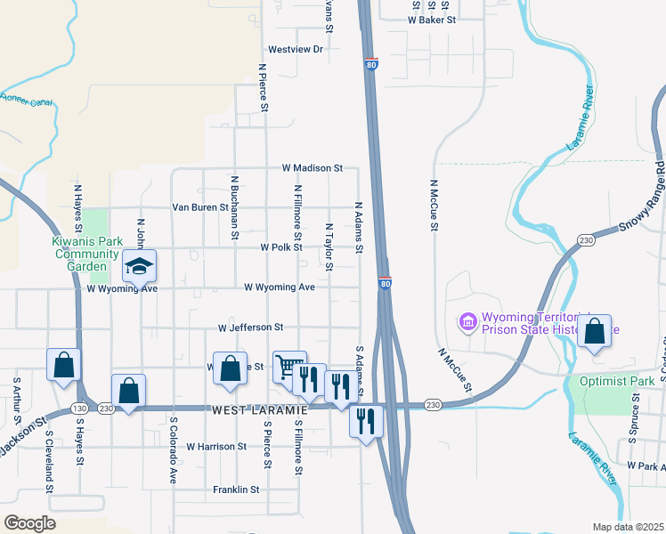 map of restaurants, bars, coffee shops, grocery stores, and more near 173 North Taylor Street in Laramie