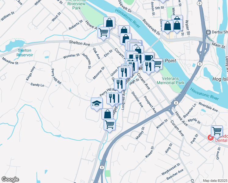 map of restaurants, bars, coffee shops, grocery stores, and more near 18 Oak Avenue in Shelton