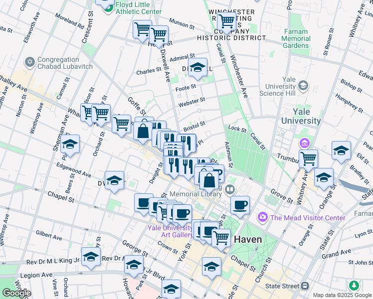 map of restaurants, bars, coffee shops, grocery stores, and more near 33 Dixwell Avenue in New Haven