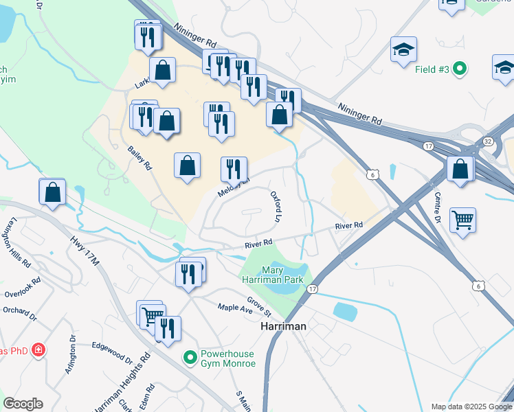 map of restaurants, bars, coffee shops, grocery stores, and more near 14 Kensington Way in Harriman