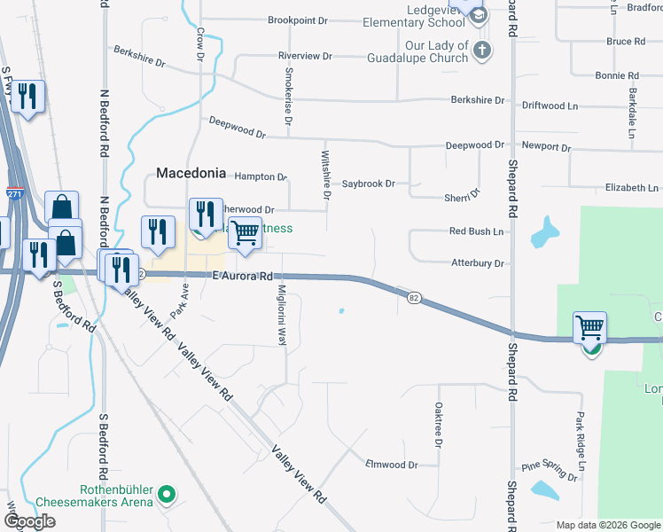 map of restaurants, bars, coffee shops, grocery stores, and more near 1129 East Aurora Road in Macedonia