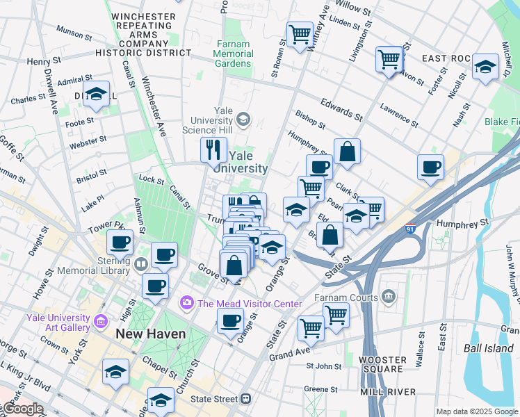 map of restaurants, bars, coffee shops, grocery stores, and more near 15 Whitney Avenue in New Haven