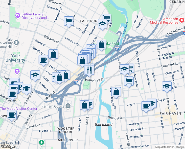 map of restaurants, bars, coffee shops, grocery stores, and more near 543 East Street in New Haven