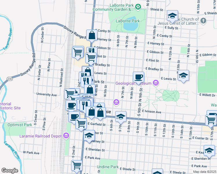 map of restaurants, bars, coffee shops, grocery stores, and more near 270 North 6th Street in Laramie