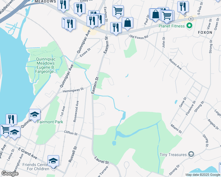 map of restaurants, bars, coffee shops, grocery stores, and more near 343 Eastern Street in New Haven