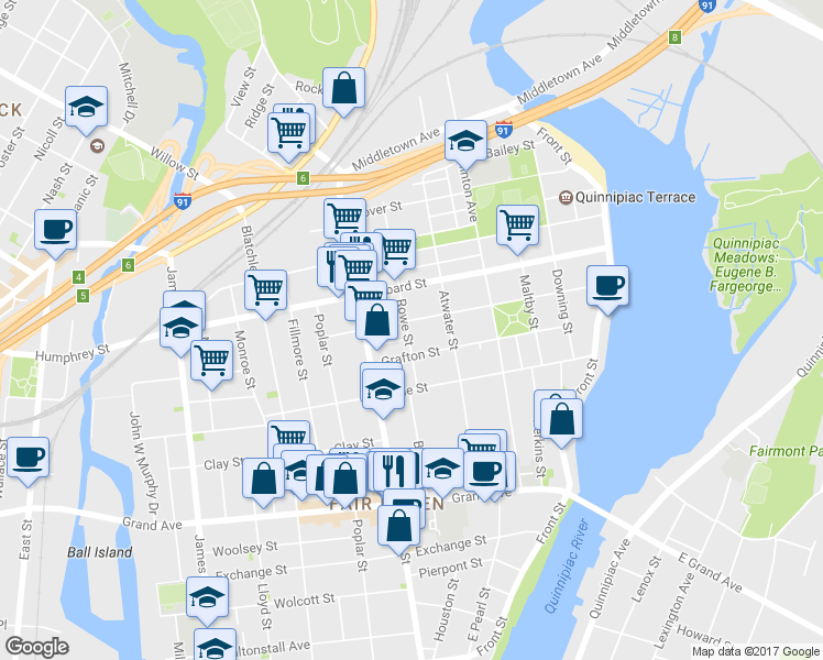map of restaurants, bars, coffee shops, grocery stores, and more near 74 Rowe Street in New Haven