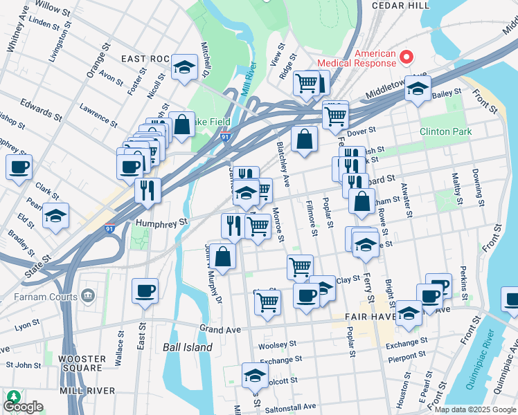 map of restaurants, bars, coffee shops, grocery stores, and more near 115 Main Street in New Haven