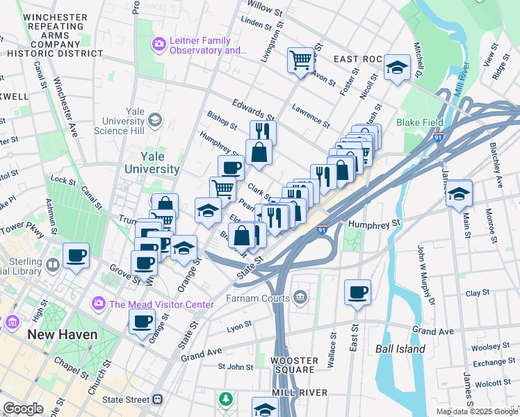map of restaurants, bars, coffee shops, grocery stores, and more near 59 Clark Street in New Haven