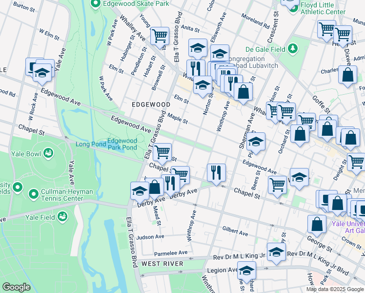 map of restaurants, bars, coffee shops, grocery stores, and more near 391 Edgewood Avenue in New Haven