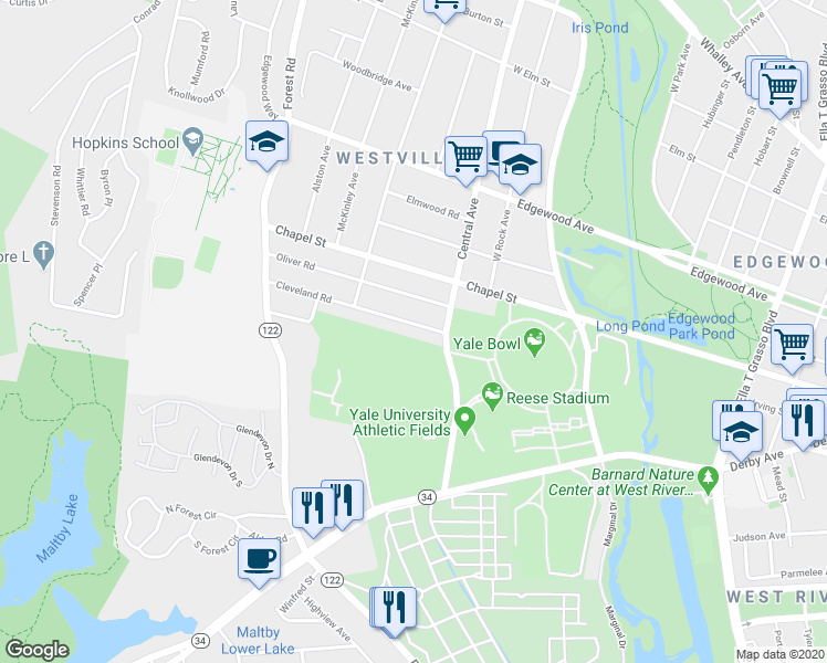 map of restaurants, bars, coffee shops, grocery stores, and more near 19 Cleveland Road in New Haven