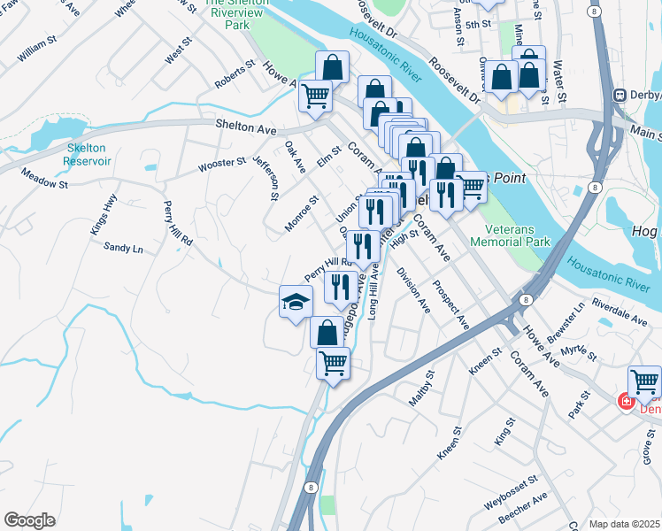 map of restaurants, bars, coffee shops, grocery stores, and more near 33 Perry Hill Road in Shelton