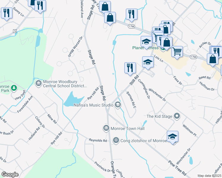 map of restaurants, bars, coffee shops, grocery stores, and more near 604 Stage Road in Monroe