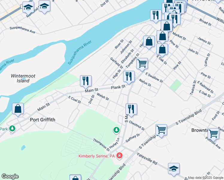 map of restaurants, bars, coffee shops, grocery stores, and more near 65 Plank Street in Pittston