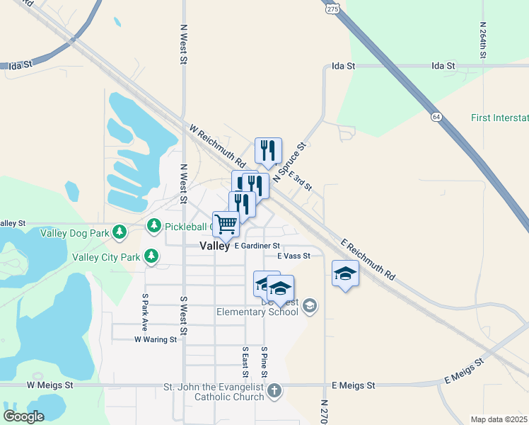 map of restaurants, bars, coffee shops, grocery stores, and more near 333 North Spruce Street in Valley