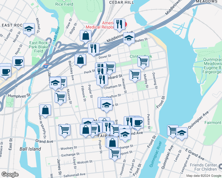 map of restaurants, bars, coffee shops, grocery stores, and more near 204 Chatham Street in New Haven