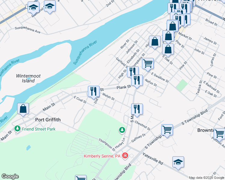 map of restaurants, bars, coffee shops, grocery stores, and more near 65 Plank Street in Pittston