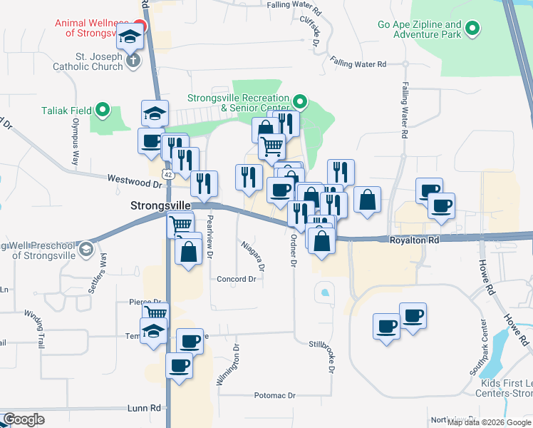 map of restaurants, bars, coffee shops, grocery stores, and more near in Strongsville