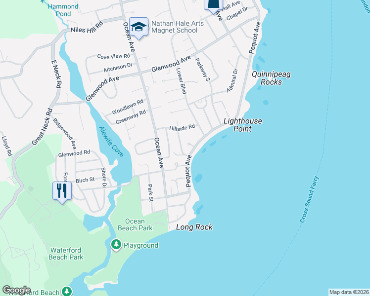 map of restaurants, bars, coffee shops, grocery stores, and more near 925 Pequot Avenue in New London
