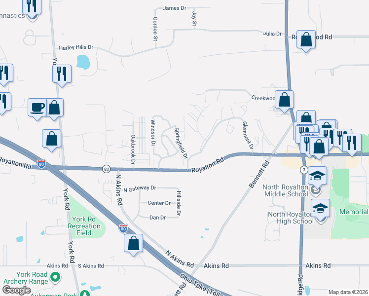 map of restaurants, bars, coffee shops, grocery stores, and more near 8090 Royalton Road in North Royalton