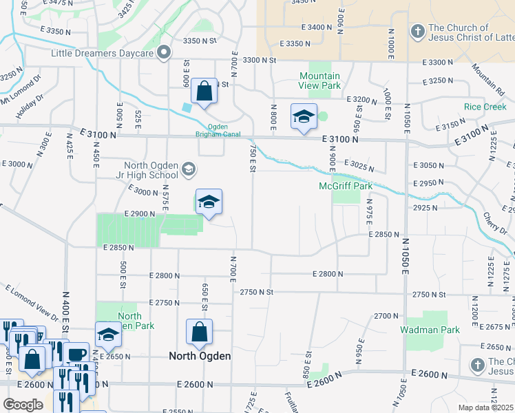 map of restaurants, bars, coffee shops, grocery stores, and more near 2912 750 East Street in Ogden