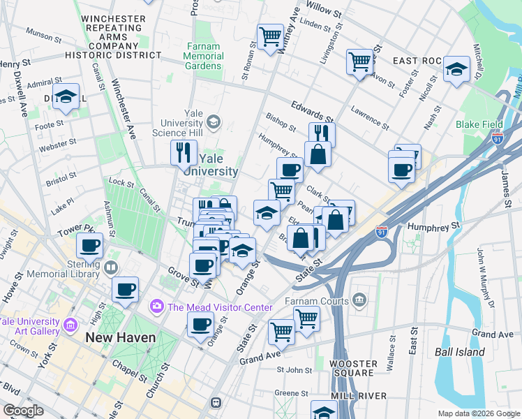 map of restaurants, bars, coffee shops, grocery stores, and more near 38 Lincoln Street in New Haven