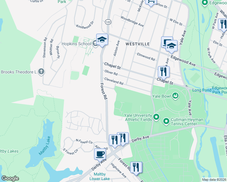 map of restaurants, bars, coffee shops, grocery stores, and more near 35 Roger Road in New Haven