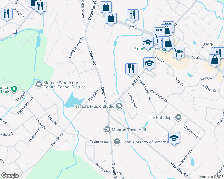 map of restaurants, bars, coffee shops, grocery stores, and more near 604 Stage Road in Monroe
