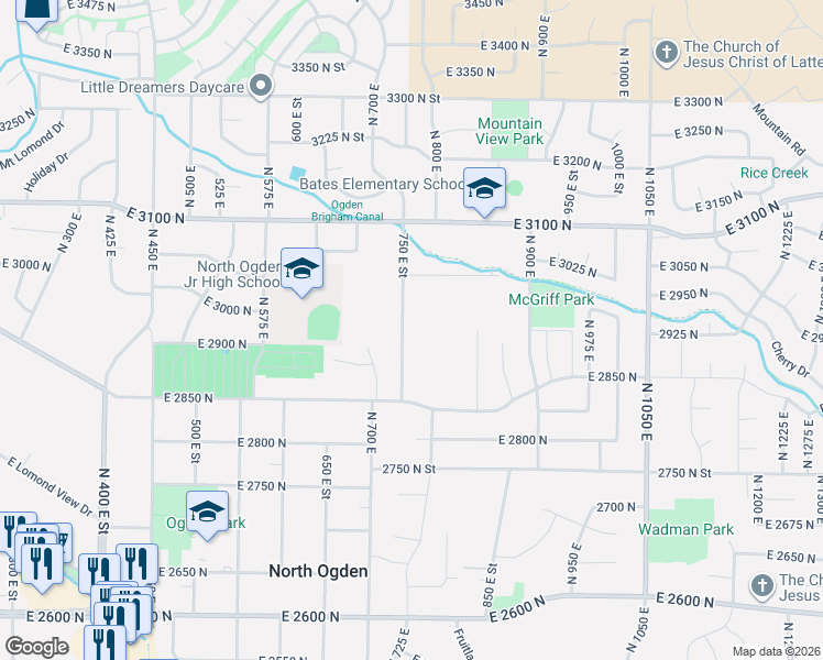 map of restaurants, bars, coffee shops, grocery stores, and more near 2952 750 East Street in North Ogden
