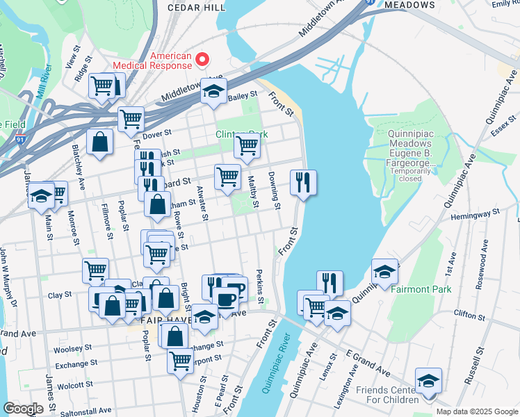 map of restaurants, bars, coffee shops, grocery stores, and more near 17 Grafton Street in New Haven