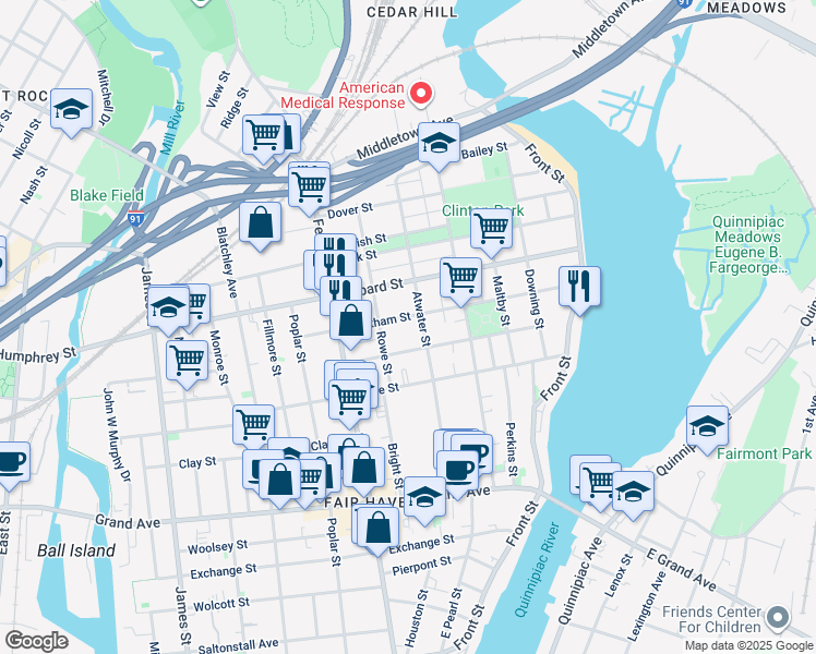 map of restaurants, bars, coffee shops, grocery stores, and more near 170 Chatham Street in New Haven