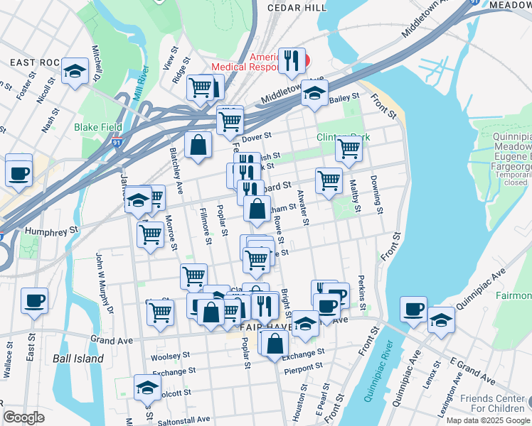 map of restaurants, bars, coffee shops, grocery stores, and more near 74 Rowe Street in New Haven