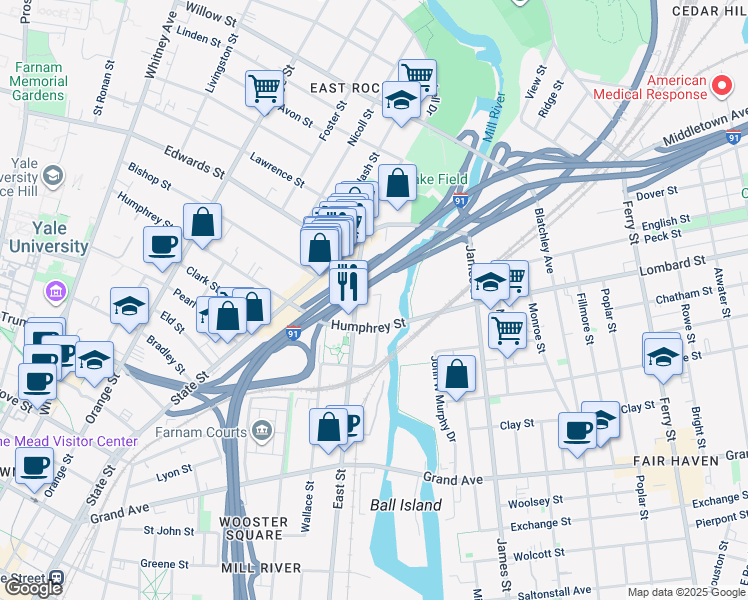 map of restaurants, bars, coffee shops, grocery stores, and more near 545 East Street in New Haven