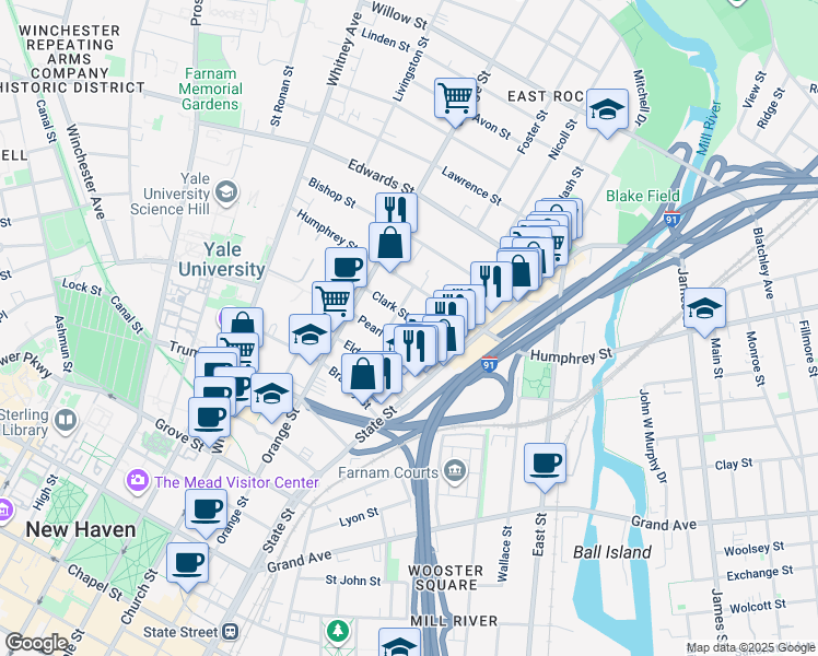 map of restaurants, bars, coffee shops, grocery stores, and more near 59 Clark Street in New Haven