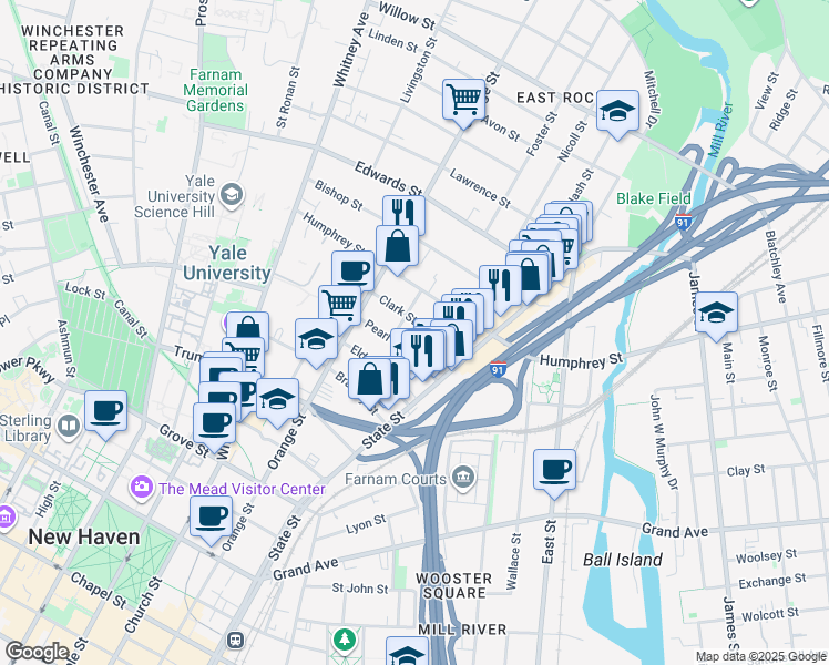 map of restaurants, bars, coffee shops, grocery stores, and more near 59 Clark Street in New Haven