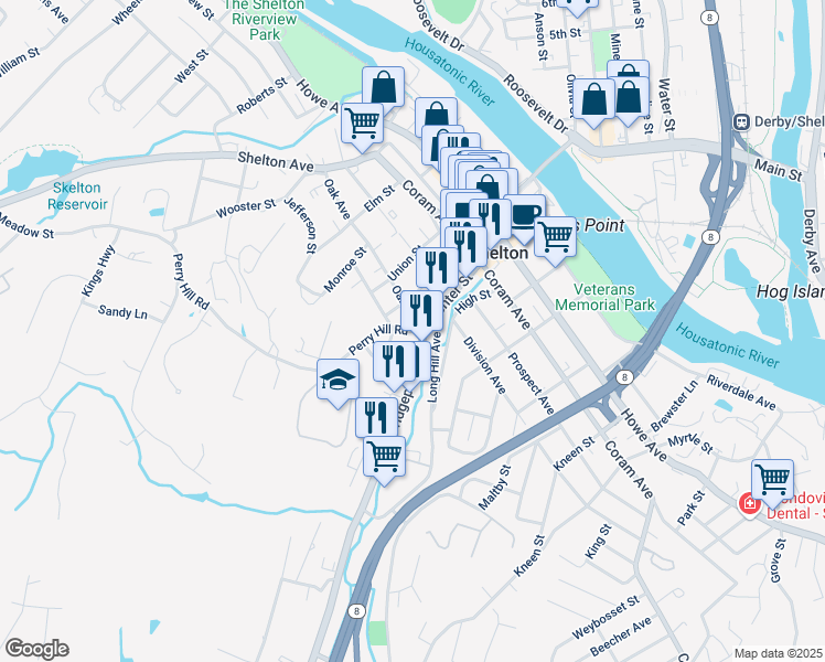 map of restaurants, bars, coffee shops, grocery stores, and more near 18 Oak Avenue in Shelton