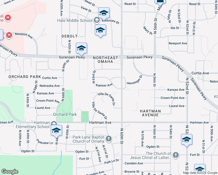 map of restaurants, bars, coffee shops, grocery stores, and more near 6019 Kansas Avenue in Omaha