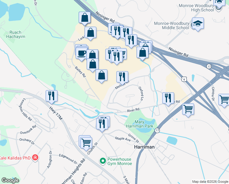 map of restaurants, bars, coffee shops, grocery stores, and more near 19 Melody Lane in Harriman