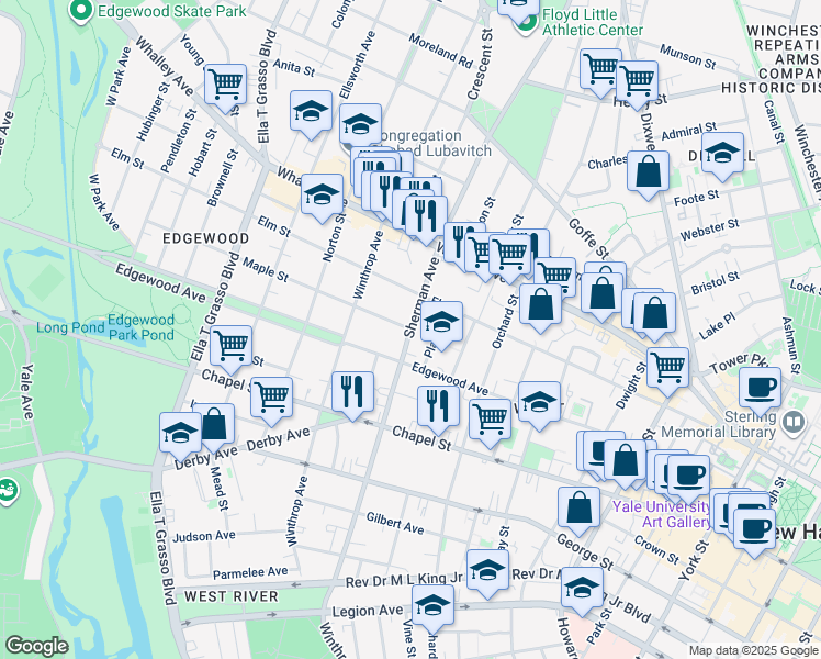 map of restaurants, bars, coffee shops, grocery stores, and more near Sherman Avenue & Maple Street in New Haven