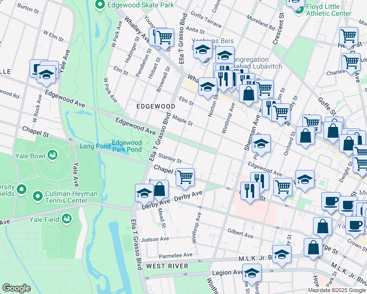 map of restaurants, bars, coffee shops, grocery stores, and more near 416 Edgewood Avenue in New Haven