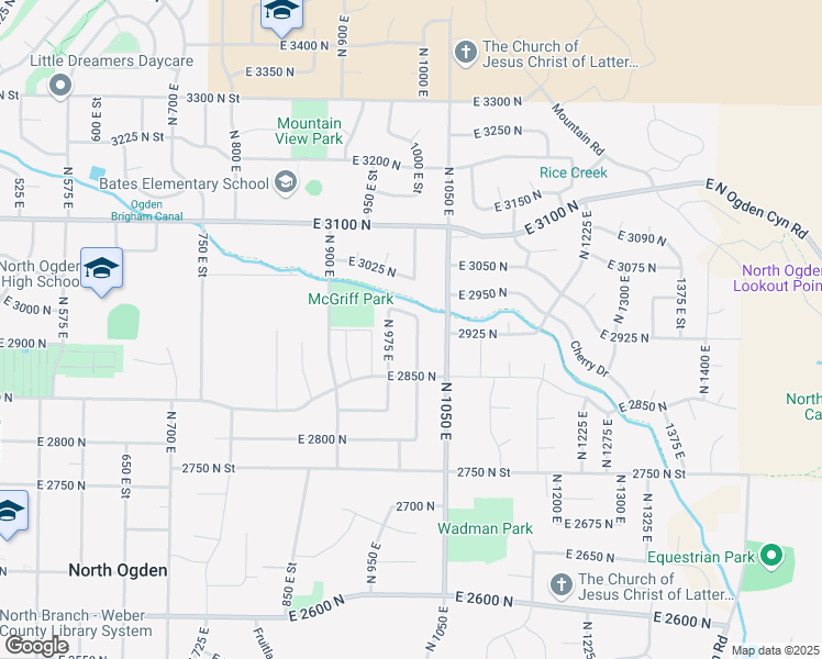 map of restaurants, bars, coffee shops, grocery stores, and more near 2921 North 1025 East in Ogden