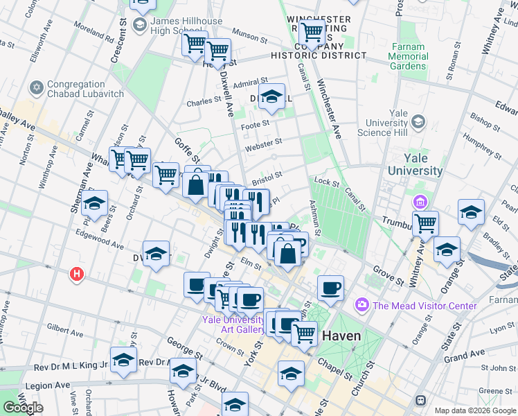 map of restaurants, bars, coffee shops, grocery stores, and more near 91 Lake Place in New Haven