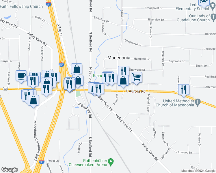 map of restaurants, bars, coffee shops, grocery stores, and more near 893 East Aurora Road in Macedonia