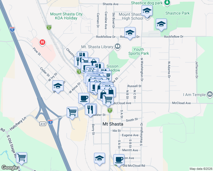 map of restaurants, bars, coffee shops, grocery stores, and more near 302 Chestnut Street in Mount Shasta