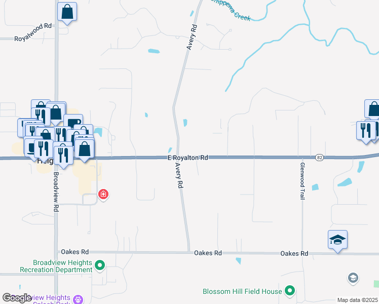 map of restaurants, bars, coffee shops, grocery stores, and more near 1823 East Royalton Road in Broadview Heights