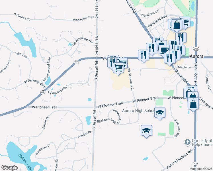 map of restaurants, bars, coffee shops, grocery stores, and more near 101 South Bissell Road in Aurora