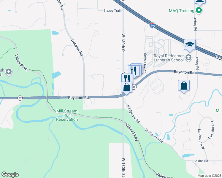 map of restaurants, bars, coffee shops, grocery stores, and more near 13525 Royalton Road in Strongsville