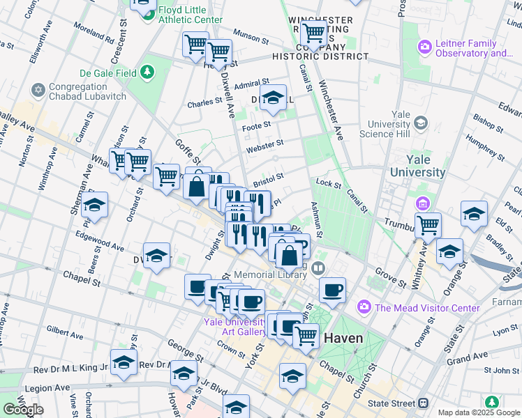 map of restaurants, bars, coffee shops, grocery stores, and more near 73 Lake Place in New Haven