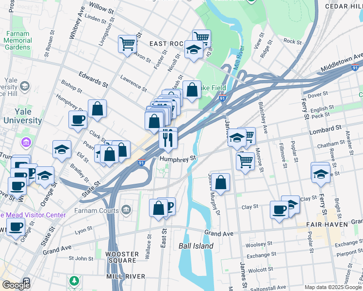 map of restaurants, bars, coffee shops, grocery stores, and more near 72 Mill River Street in New Haven