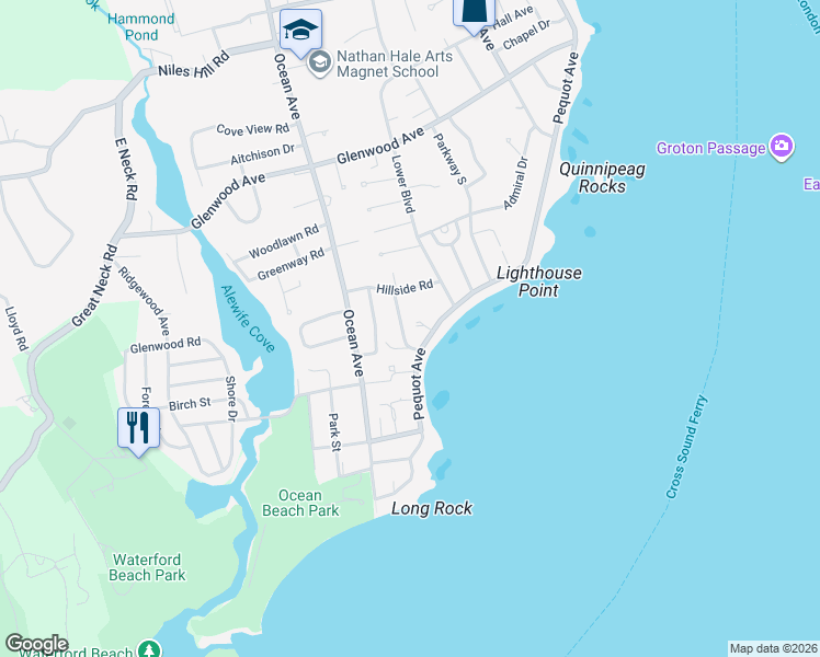 map of restaurants, bars, coffee shops, grocery stores, and more near 925 Pequot Avenue in New London