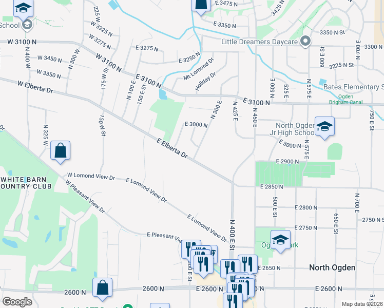 map of restaurants, bars, coffee shops, grocery stores, and more near 292 E Elberta Dr in Ogden